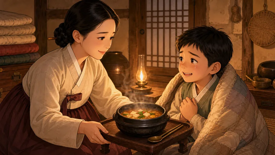 호롱불 방에서 아이에게 된장찌개 상을 내미는 며느리 웹툰 삽화