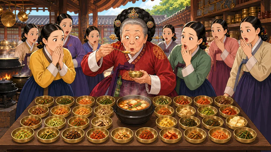 장 종지가 줄지어 놓인 궁궐 수라간 웹툰 삽화