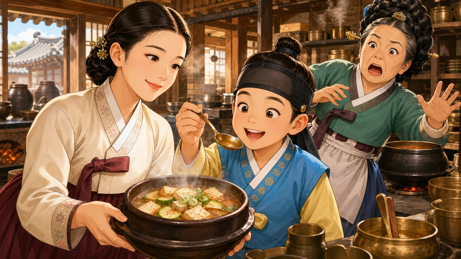 며느리와 천재 꼬마, 놀란 상궁이 담긴 유튜브 썸네일 삽화