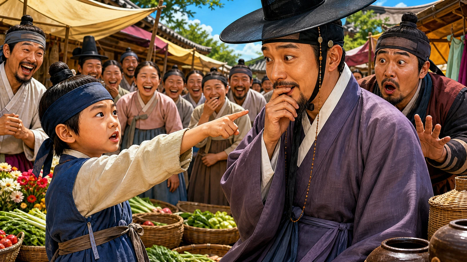 저잣거리에서 잠행 나온 임금을 당돌하게 막아선 천재 꼬마 극화풍 삽화